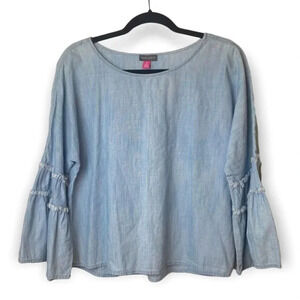 Vince Camuto Light Denim Fringe  Bell Sleeve Top